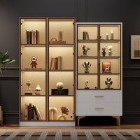 Modernes Wohnzimmer-Set: zwei weiße Glasvitrinen mit LED-Beleuchtung und verstellbaren Einlegeböden, Farbpalette Platin – hohe Sideboards, von OKWISH