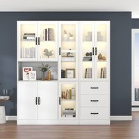 Modernes weißes Kombi-Vitrinenset 200 cm hoch und 180 cm lang, weiße freistehende Vitrine mit LED-Beleuchtung, 8 Türen, 3 Schubladen – perfekt zur von OKWISH