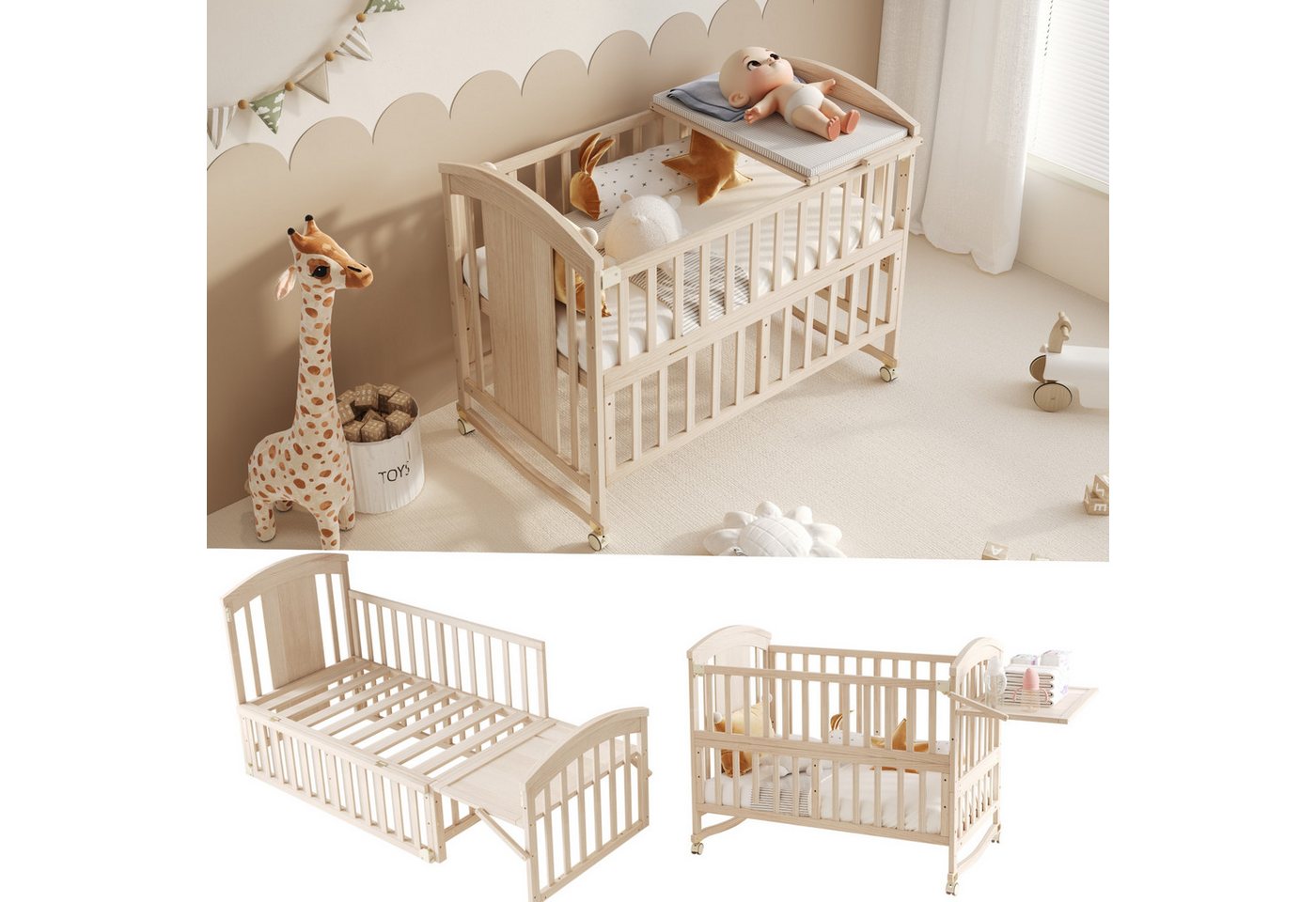 OKWISH Babybett Holz-Babynetzbett mit Wickeltisch, um 40cm verlängerbar, 1-tlg., klappbarem Ablagerack, ohne Matratze OKWISH Babybett Holz-Babynetzbett mit Wickeltisch, um 40cm verlängerbar, 1-tlg., klappbarem Ablagerack, ohne Matratze von OKWISH