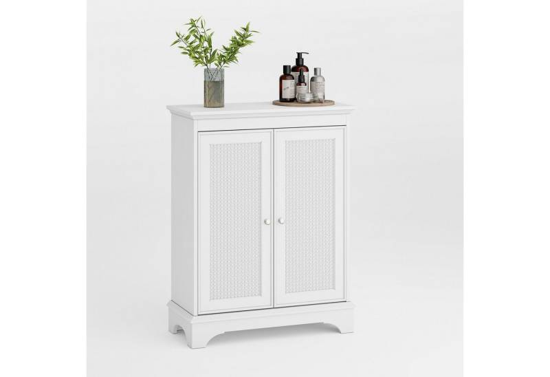 OKWISH Badkommode Badkommode Badezimmerschrank (Weißer Badezimmer Bodenschrank mit Korbtür – Multifunktionaler Stauraum mit verstellbaren Regalen, elegantes Design aus Rattan), mit Korbtür und verstellbarem Regal von OKWISH