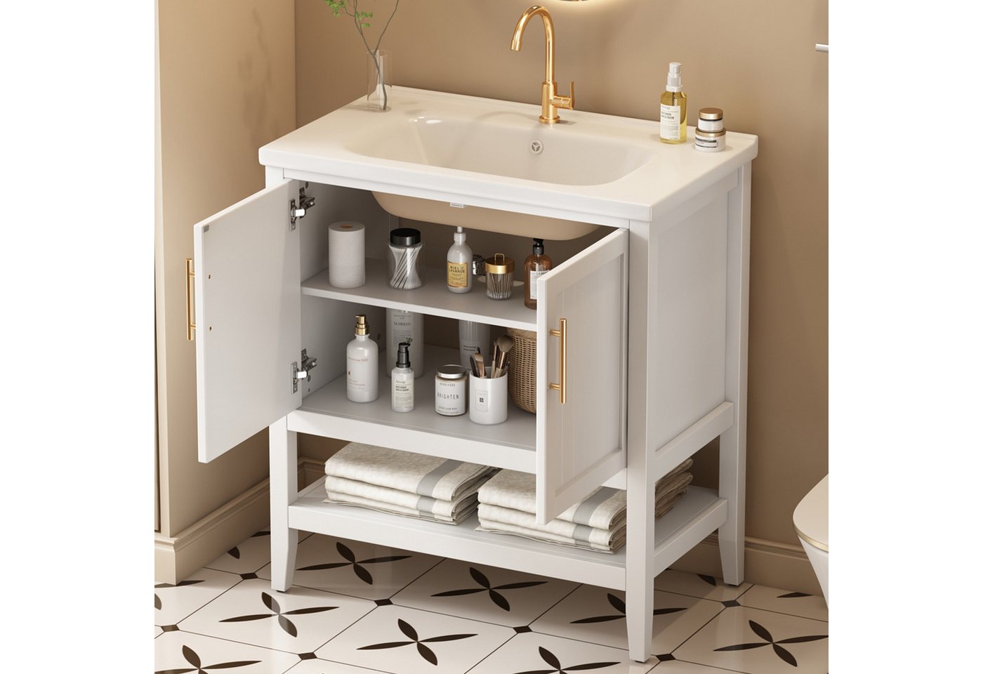 OKWISH Badmöbel-Set Badezimmerschrank mit Keramikbecken, (Waschtisch mit Unterschrank, 1-St., glänzende Oberfläche), mit Keramik-Waschbecken von OKWISH
