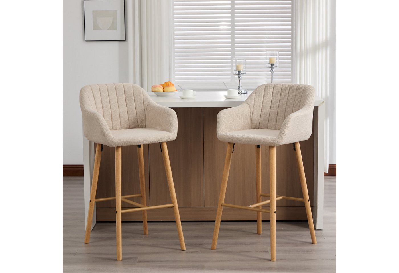 OKWISH Barhocker Küchenstühle Bistrohocker (2er-Set mit hoher Rückenlehne und Armlehnen), Leinen-Sitze auf Holzbeinen von OKWISH