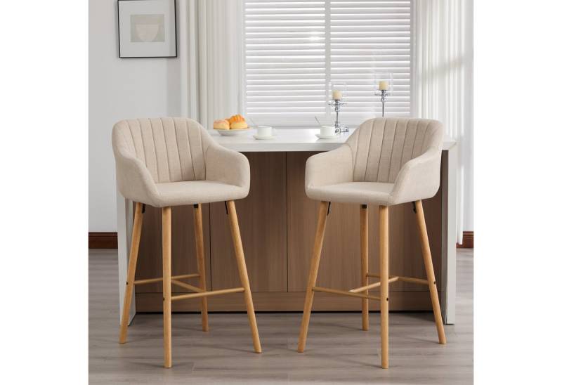 OKWISH Barhocker Küchenstühle Bistrohocker (2er-Set mit hoher Rückenlehne und Armlehnen), Leinen-Sitze auf Holzbeinen von OKWISH