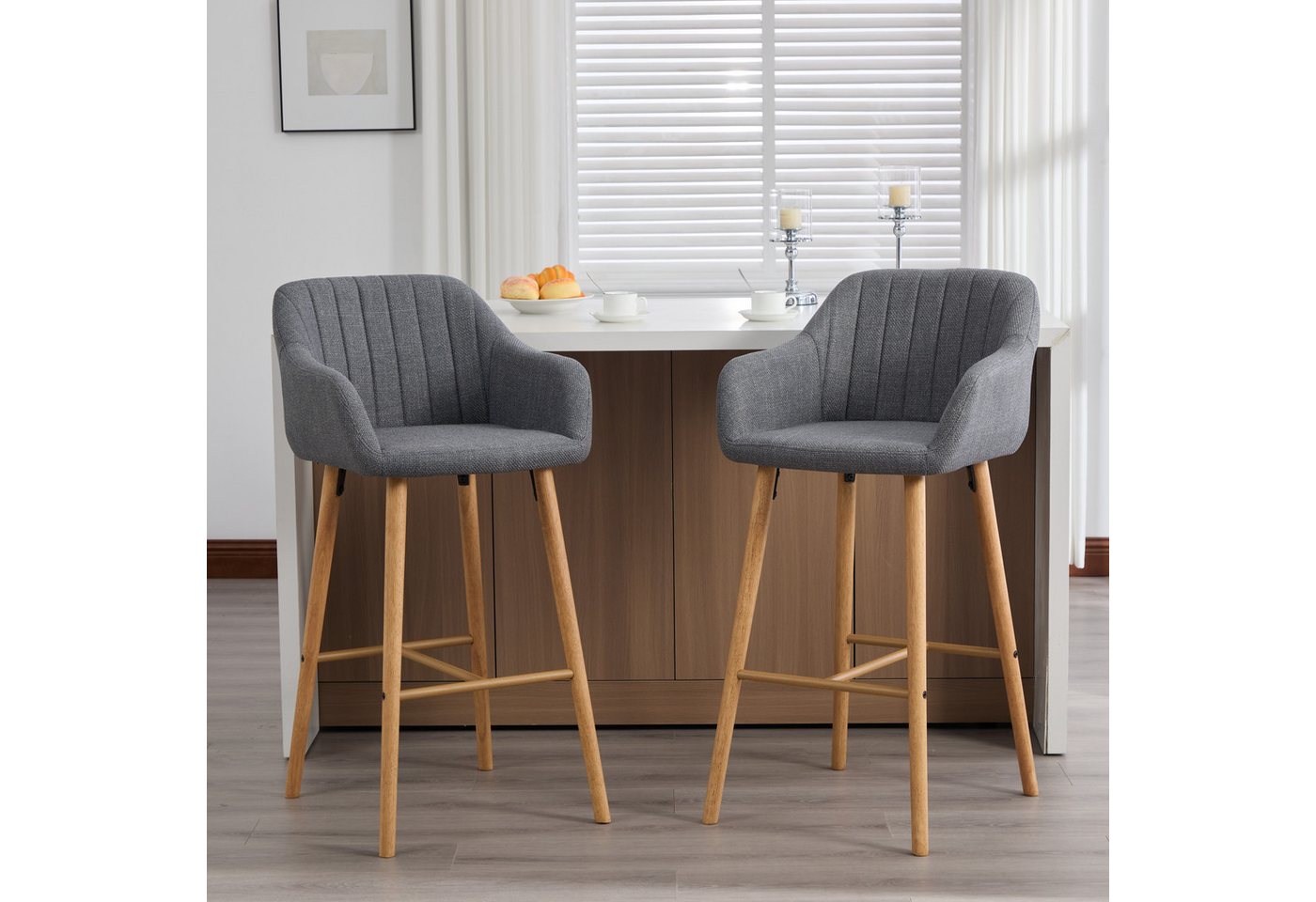 OKWISH Barhocker Küchenstühle Bistrohocker (2er-Set mit hoher Rückenlehne und Armlehnen), Leinen-Sitze auf Holzbeinen von OKWISH