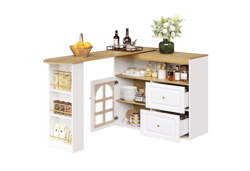 OKWISH Bartisch 360° Drehbarer Bartisch,Kücheninsel,mit Stauraum (Sideboard-Schrank mit 2 Schubladen, Snackregal, Bogenglas – Modernes Design aus MDF, ausziehbar bis 204 cm), 2 Schubladen, Snackregal von OKWISH