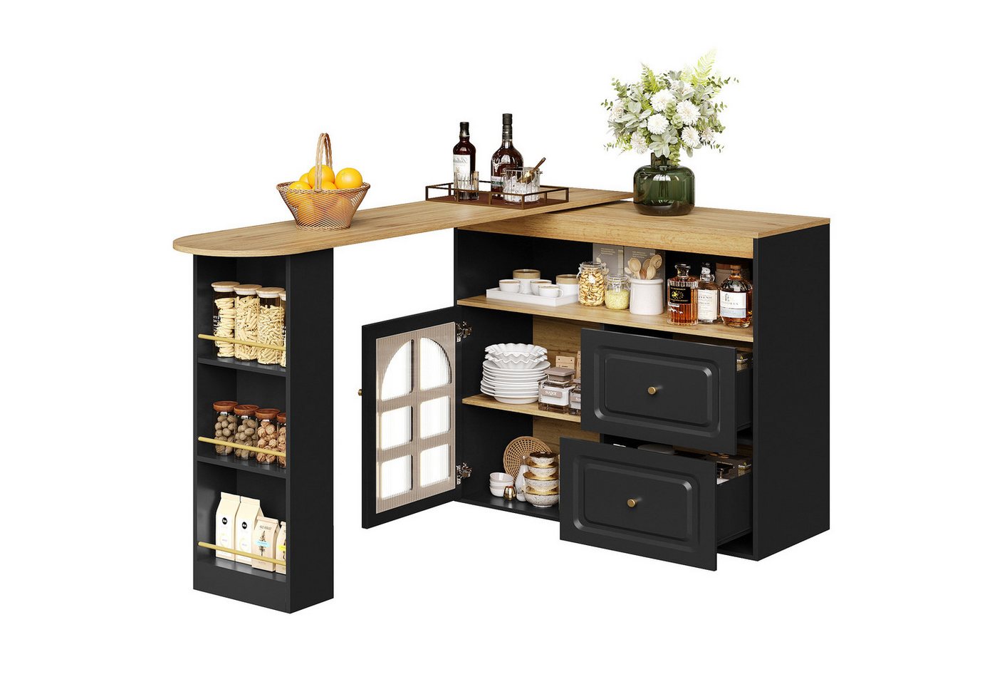 OKWISH Bartisch 360° Drehbarer Bartisch,Kücheninsel,mit Stauraum (Sideboard-Schrank mit 2 Schubladen, Snackregal, Bogenglas – Modernes Design aus MDF, ausziehbar bis 204 cm), 2 Schubladen, Snackregal von OKWISH