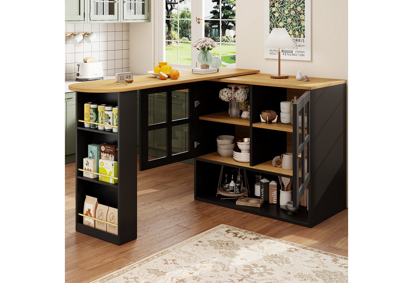 OKWISH Bartisch 360° Drehbarer Bartisch,Kücheninsel,mit Stauraum (Stehtisch – Modernes Sideboard mit 5 Ablageflächen, Ausziehbar (138-204 cm), Snackregal und Glastüren) von OKWISH