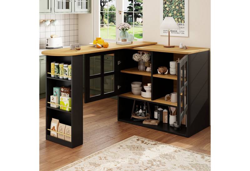 OKWISH Bartisch 360° Drehbarer Bartisch,Kücheninsel,mit Stauraum (Stehtisch – Modernes Sideboard mit 5 Ablageflächen, Ausziehbar (138-204 cm), Snackregal und Glastüren) von OKWISH