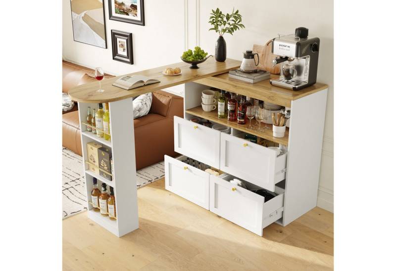 OKWISH Bartisch 360° Drehbarer Bartisch,Kücheninsel (drehbar Sideboard, Esstisch, 4 Schubladen und offene Fächer), 360° drehbare Essbar mit Schubladen und offener Stauraum von OKWISH