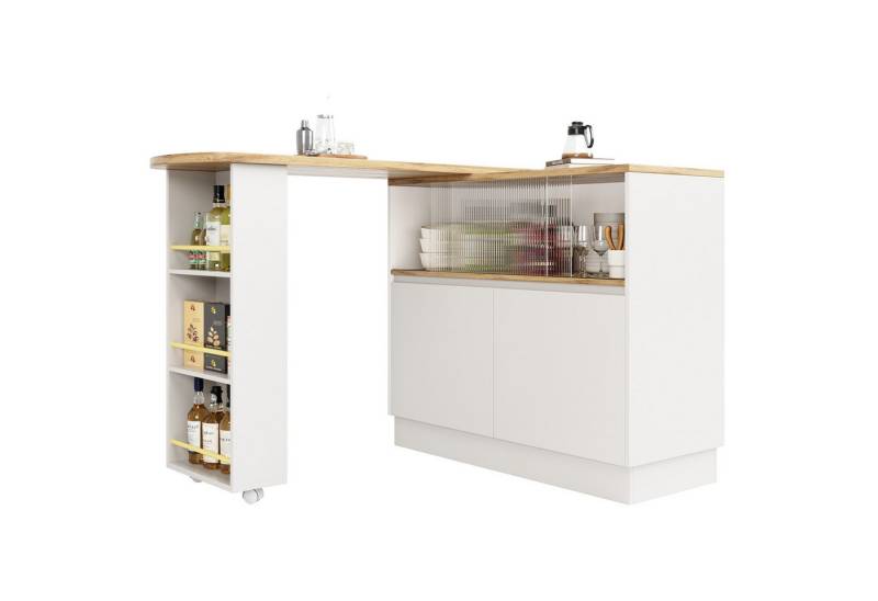 OKWISH Bartisch 360° drehbare Essbar (ausziehbar Esstisch mit Sideboard, 2 Glasschiebetür, 2 Scharniertüren), mit Ablageflächen, geeignet für Küchen und Esszimmer von OKWISH
