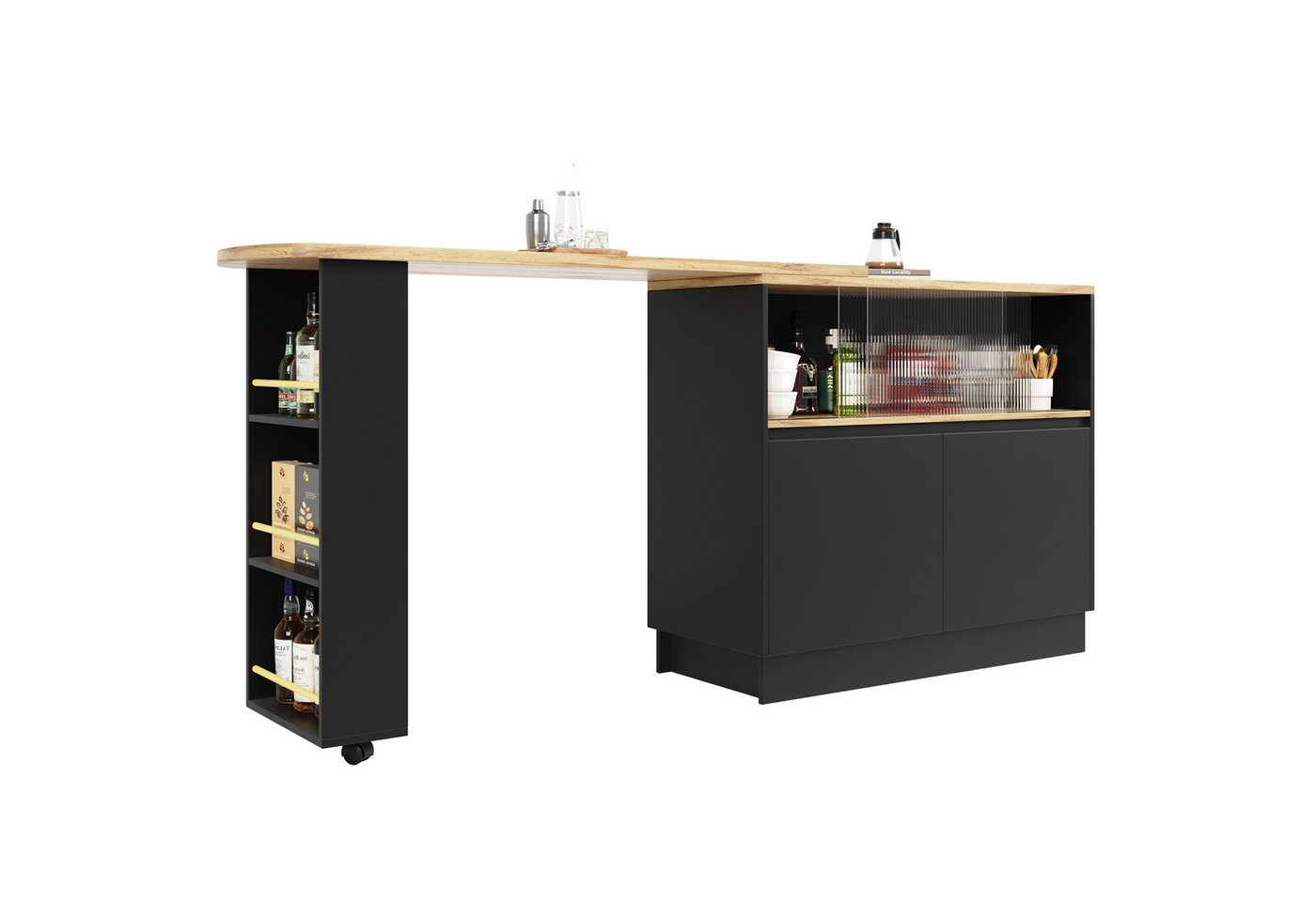 OKWISH Bartisch 360° drehbare Essbar (ausziehbar Esstisch mit Sideboard, 2 Glasschiebetür, 2 Scharniertüren), mit Ablageflächen, geeignet für Küchen und Esszimmer von OKWISH