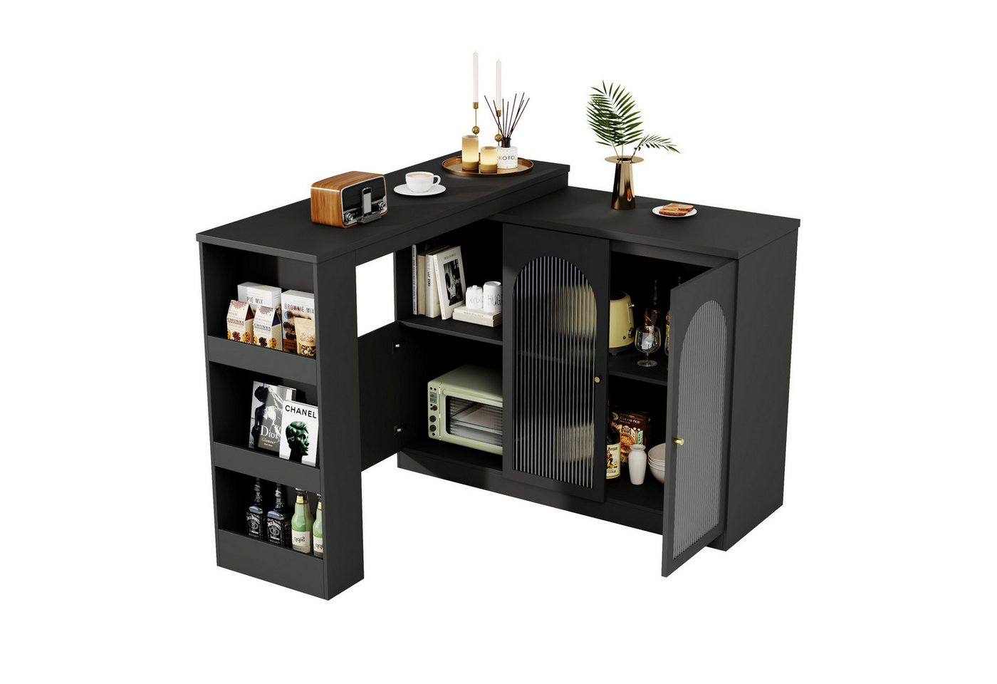 OKWISH Bartisch 360° drehbare Essbar (rotierender Ess-Barschrank, multifunktionaler Aufbewahrungsschrank, 3 Türen), mit Glastür, für Küche und Esszimmer von OKWISH