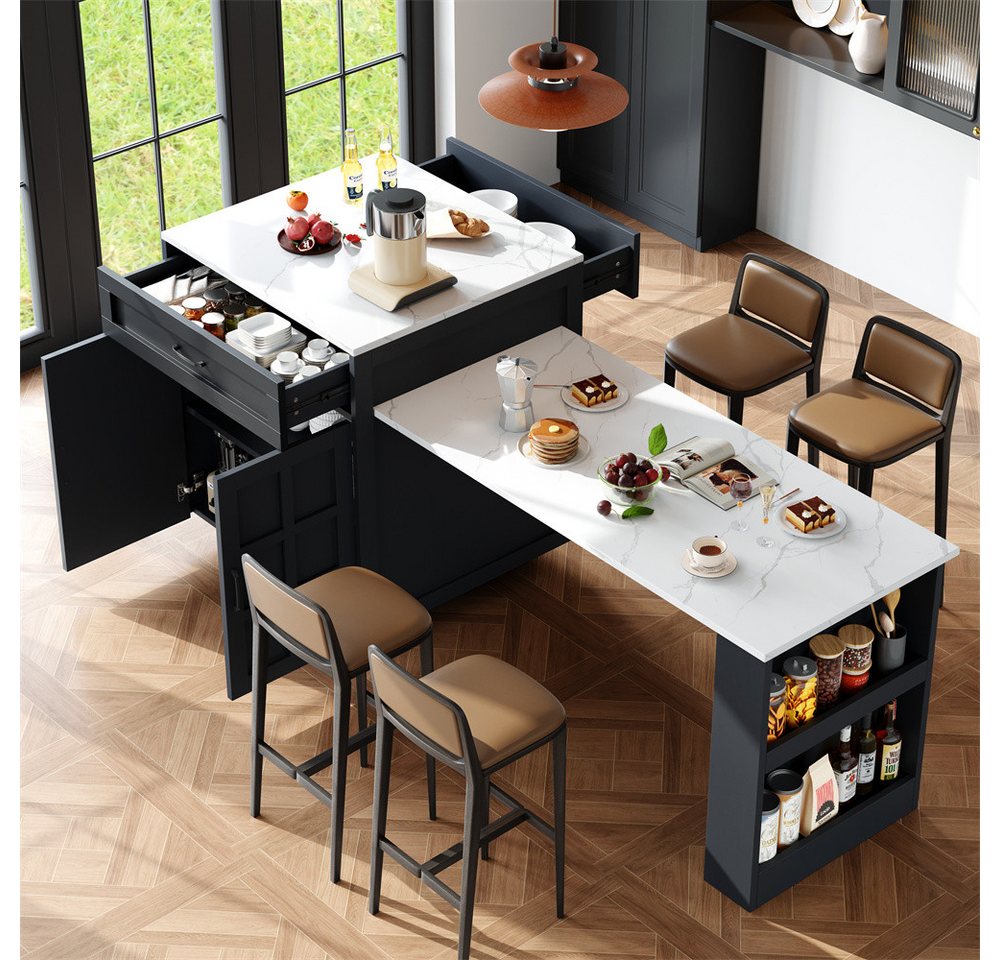 OKWISH Bartisch Ausziehbarer,Kücheninsel,Bartisch mit Stauraum (Ausziehbarer Bartisch mit Stauraum (133-202 cm) – Erweiterbarer Küchentisch mit Schubladen, Gewürzregal & Ablagen) von OKWISH