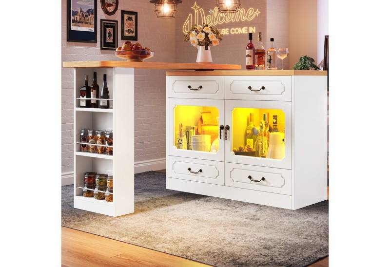 OKWISH Bartisch Ausziehbarer Kücheninsel,mit Stauraum (Ausziehbarer Bartisch mit 360° Drehfunktion, LED-Beleuchtung & Stauraum, Teleskop-Küchentisch für Wohnzimmer, Schlafzimmer & Esszimmer, 1-St., 135-203×39×92.8cm), 360° drehbare Essbar mit Stauraum von OKWISH