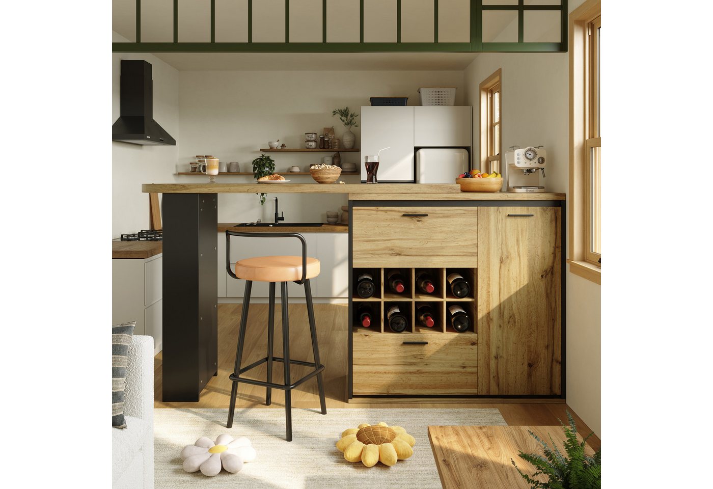 OKWISH Bartisch Ausziehbarer Kücheninsel,mit Stauraum (mit Holzmaserung, ideal für Küche und Wohnzimmer, 1-St., 138-220x39x105cm(L x B x H), mit Holzmaserung von OKWISH