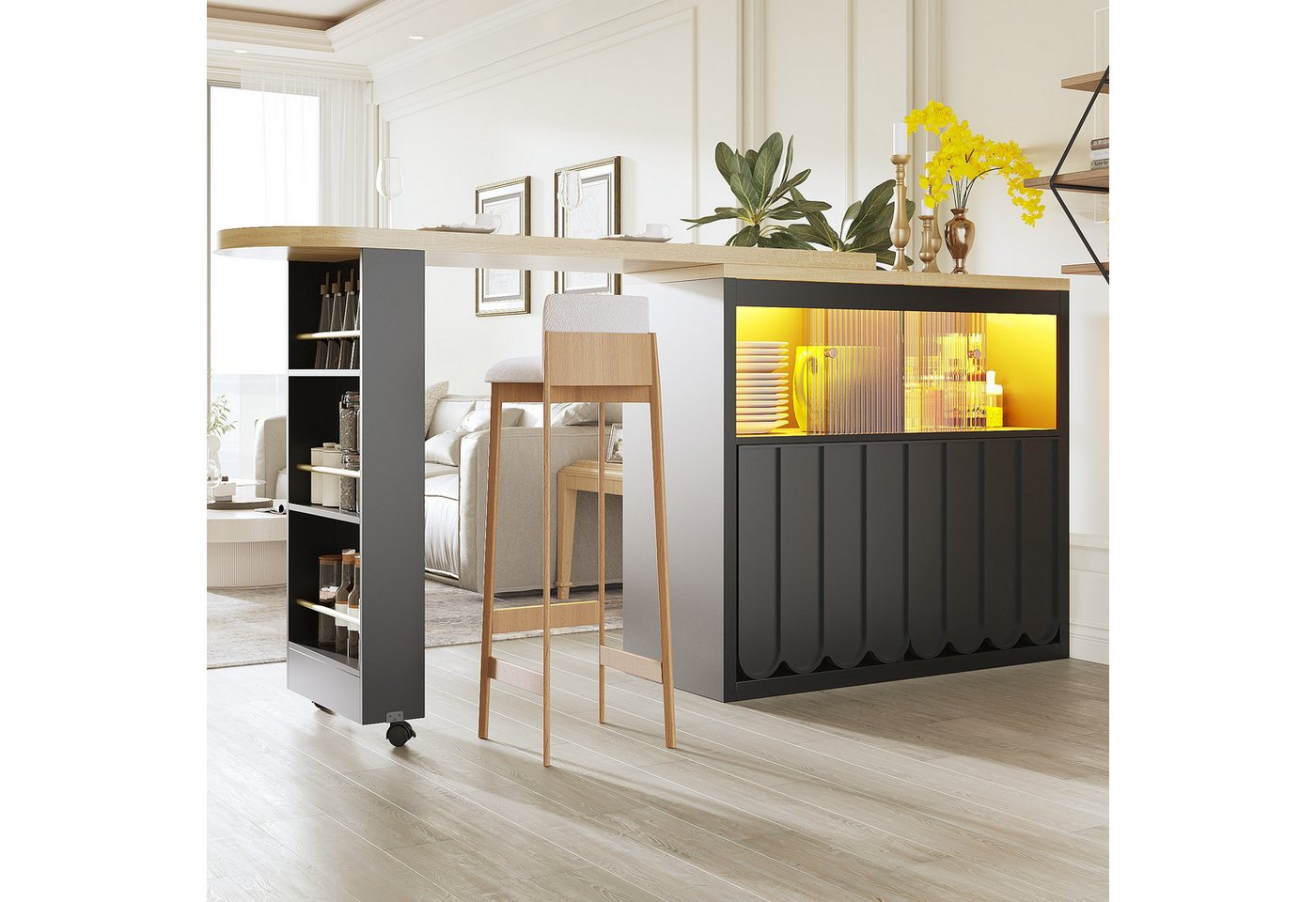 OKWISH Bartisch Ausziehbarer Kücheninsel,mit Stauraum (mit LED-Beleuchtung, Lenkrollen, Schiebetür-Design, 1-St., 135-205×39×100cm), mit Stauraum von OKWISH