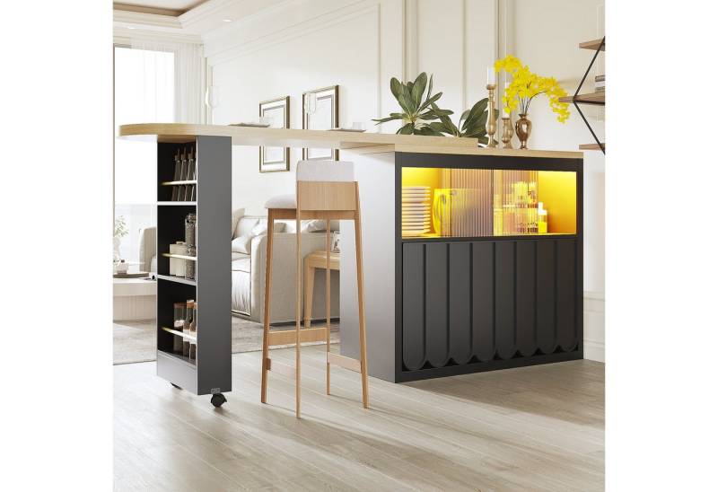 OKWISH Bartisch Ausziehbarer Kücheninsel,mit Stauraum (mit LED-Beleuchtung, Lenkrollen, Schiebetür-Design, 1-St., 135-205×39×100cm), mit Stauraum von OKWISH