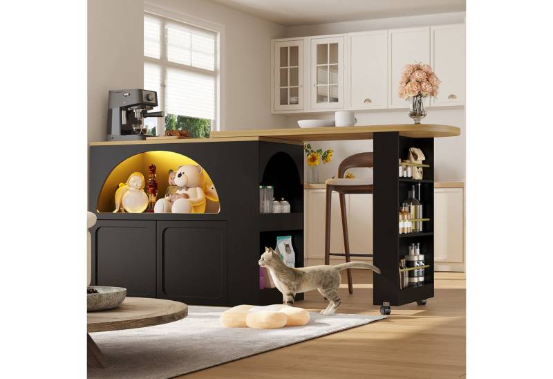 OKWISH Bartisch Ausziehbarer Kücheninsel,mit Stauraum (mit LED-Beleuchtung und Lenkrollen, 1-St., 135-205×39×100cm), mit Stauraum von OKWISH