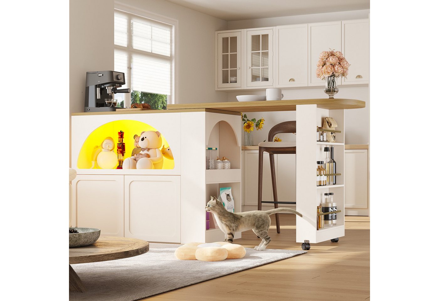 OKWISH Bartisch Ausziehbarer Kücheninsel,mit Stauraum (mit LED-Beleuchtung und Lenkrollen, 1-St., 135-205×39×100cm), mit Stauraum von OKWISH