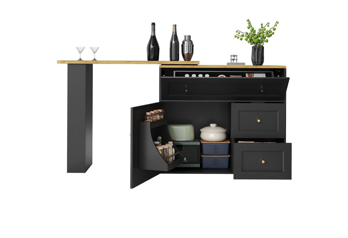 OKWISH Bartisch Ausziehbarer Küchenschrank,Sideboard (Ausziehbarer Bartisch mit Stauraum – Drehplatte, platzsparendes Klappdesign und Snackregal) von OKWISH