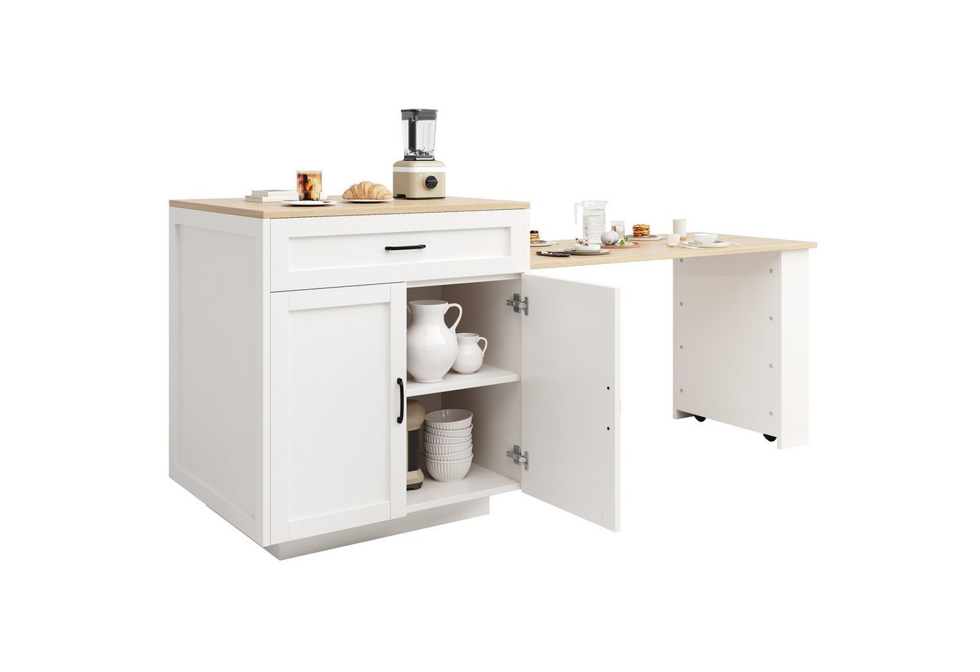 OKWISH Bartisch Ausziehbarer Stehtisch mit Stauraum (Ausziehbarer Stehtisch mit Stauraum, flexibel erweiterbar (133-202 cm), inkl. Schublade & Fächern, Kücheninsel für 2-6 Personen, mobile Arbeitsplatte mit Gewürzregal., 133-202×70×93,5cm), mit Stauraum von OKWISH