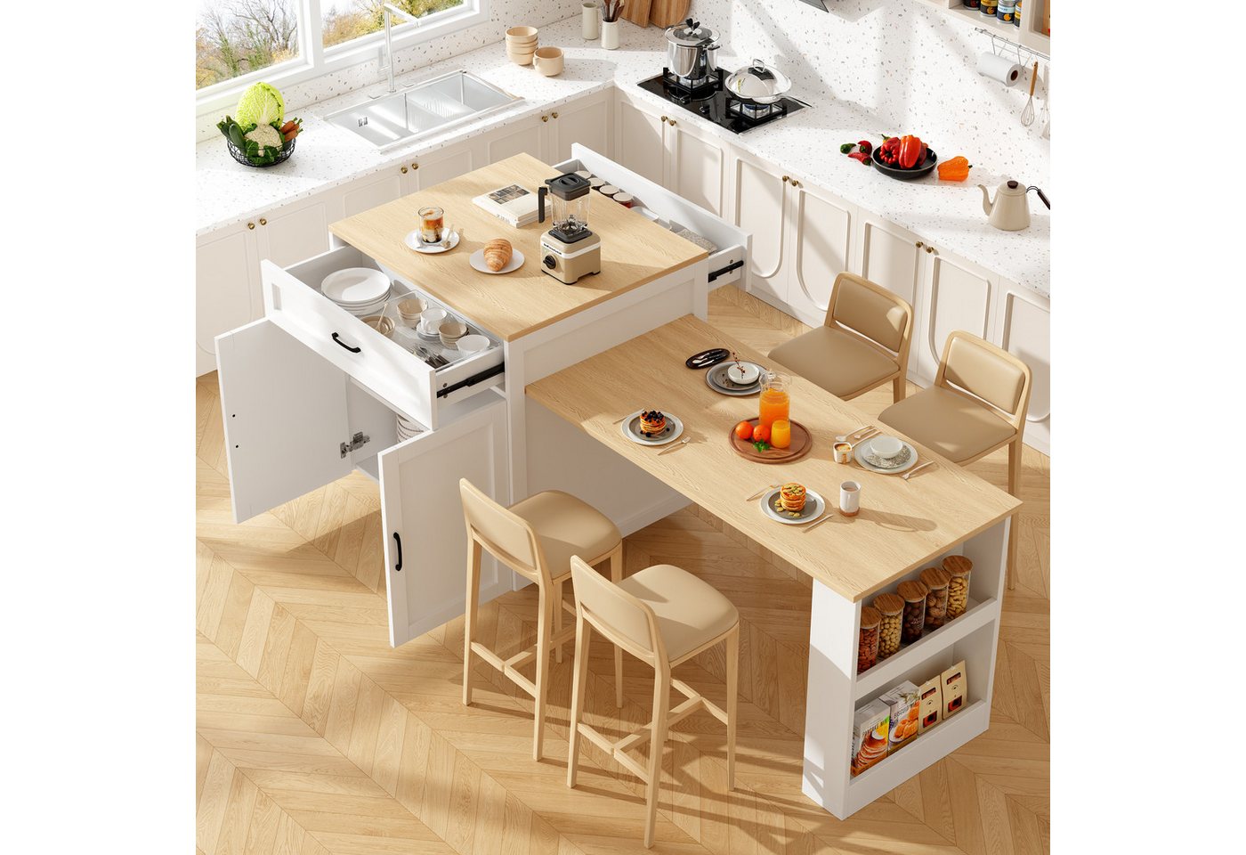 OKWISH Bartisch Ausziehbarer Stehtisch mit Stauraum (Ausziehbarer Stehtisch mit Stauraum – 2 Schubladen, 2 Fächer und Seitenablagen – Flexibel einstellbar von 133-202 cm., 1-St) von OKWISH