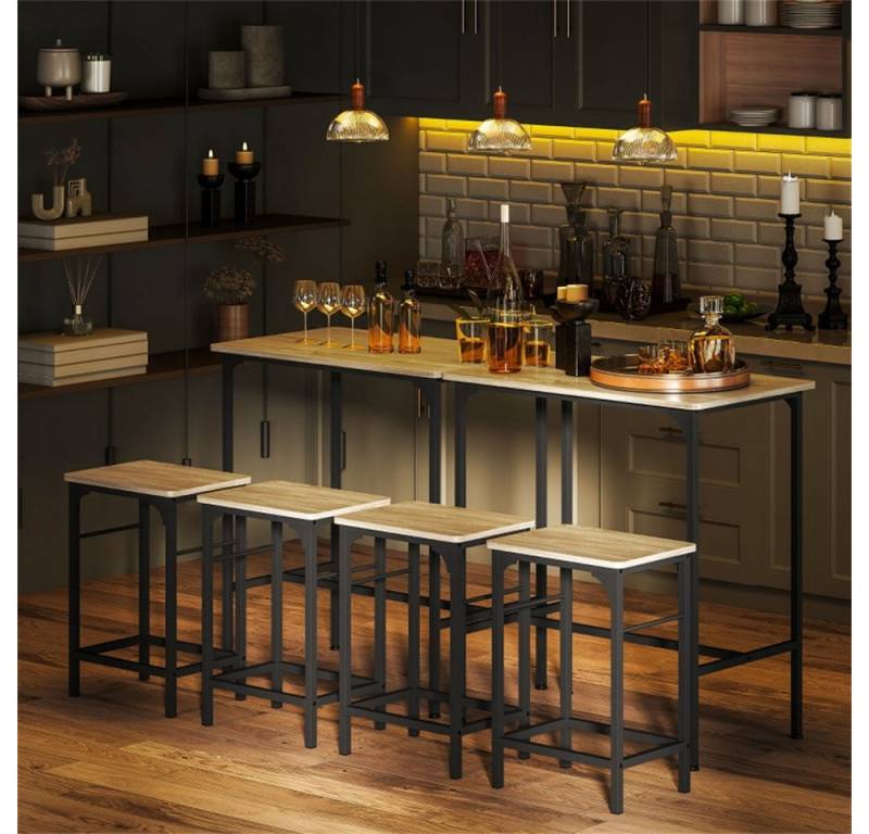 OKWISH Bartisch Platzsparender (mit Hockern für kleine Wohnungen & Küche – Frühstücksset mit rutschfesten Füßen, stabiler Stahlrahmen & Holzoptik für Singles & Paare, 3-St., 80L x 50B x 87H cm (Tisch). 40B x 30T x 57H cm (Hocker) von OKWISH