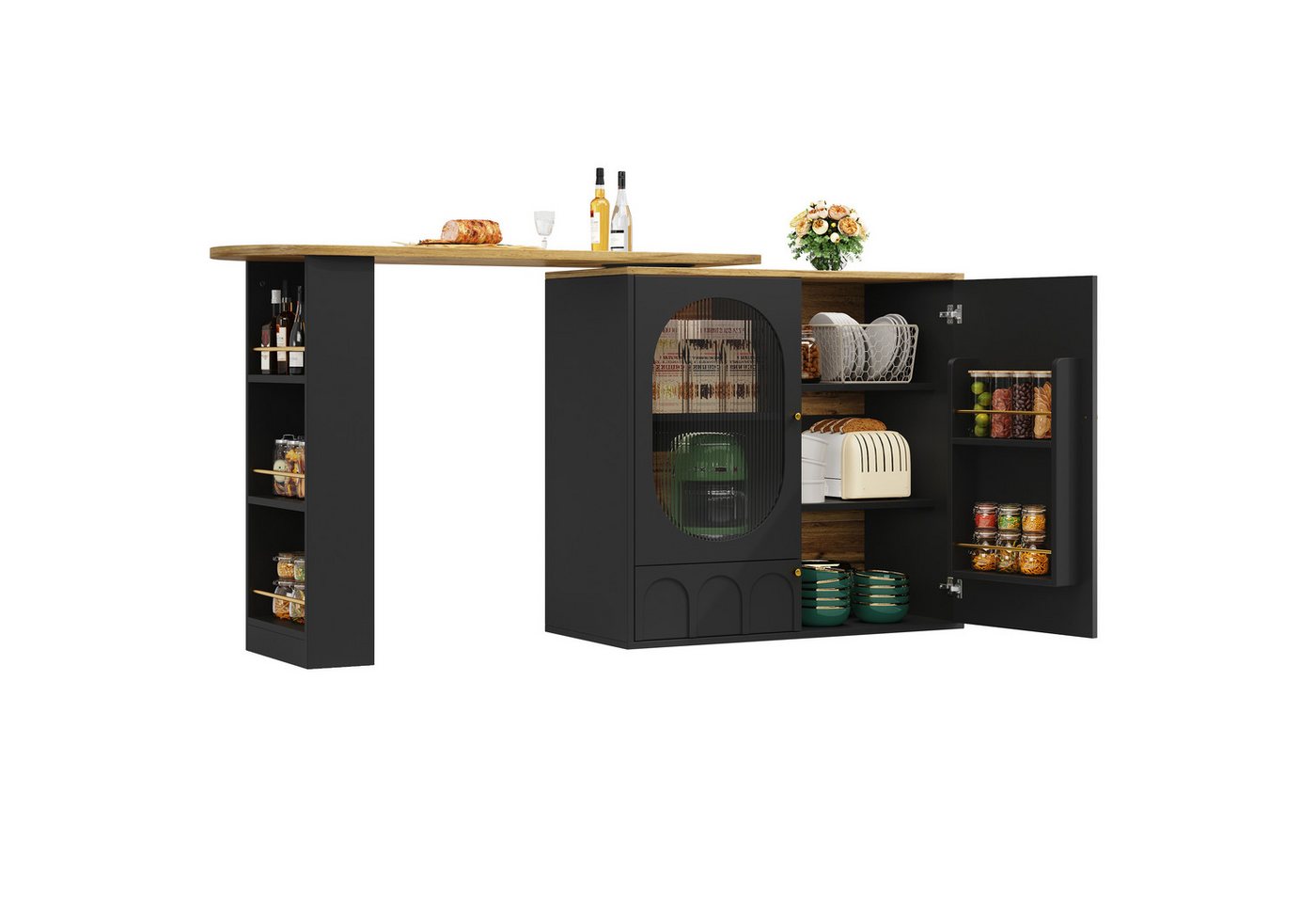 OKWISH Bartisch Stehtisch,Kücheninsel,Drehbare Esstheke (360° drehbarer Bartisch mit Stauraum – Kaffeebarmöbel & Esstheke – Flexibler Stehtisch für Küche, Wohnzimmer & Büro – 3 Türen, herausnehmbares Regal, elegantes Design), mit Stauraum von OKWISH