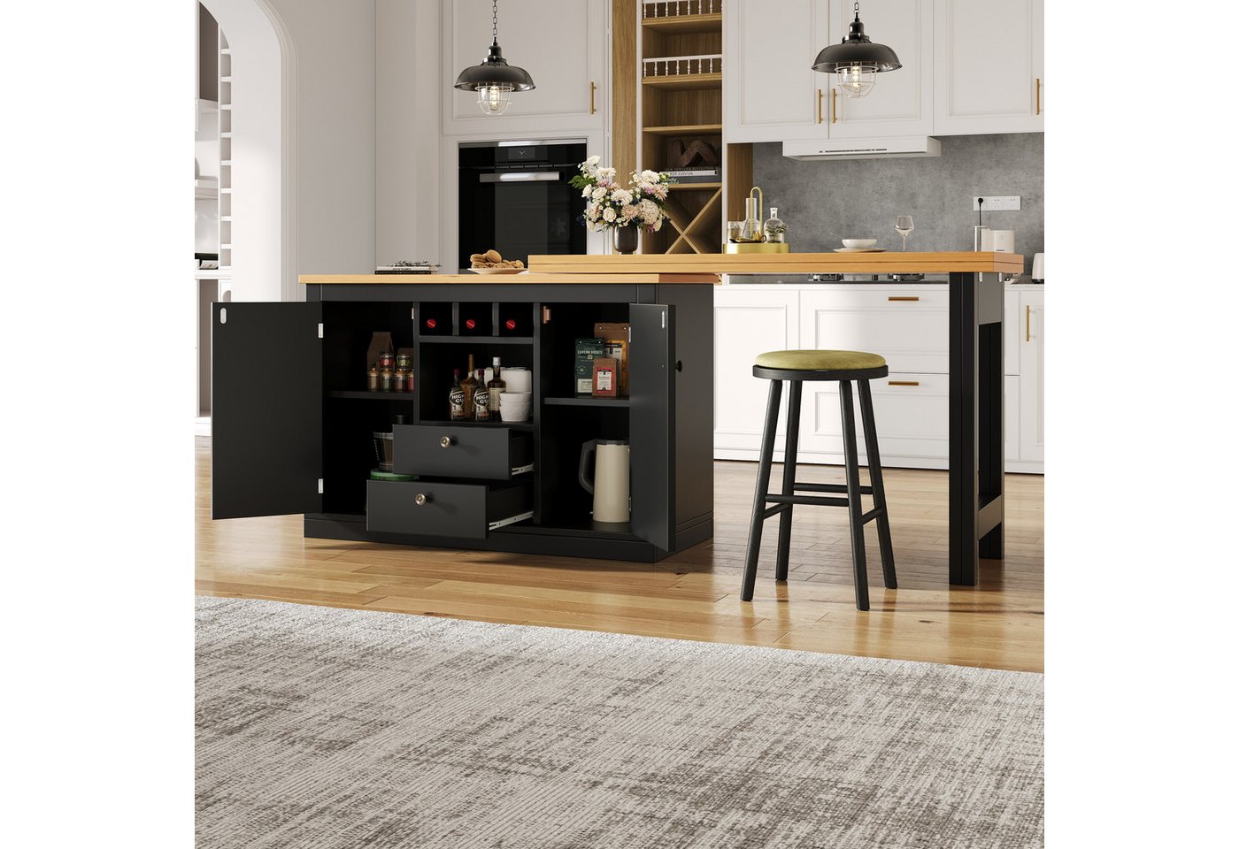 OKWISH Bartisch für Wohnzimmer, Esszimmer, Homeoffice (Moderner Bartisch ausziehbar 120–180 cm mit 360° Drehfunktion & Stauraum, Sideboard-Esstisch, 1-St., 120-180 cm) von OKWISH