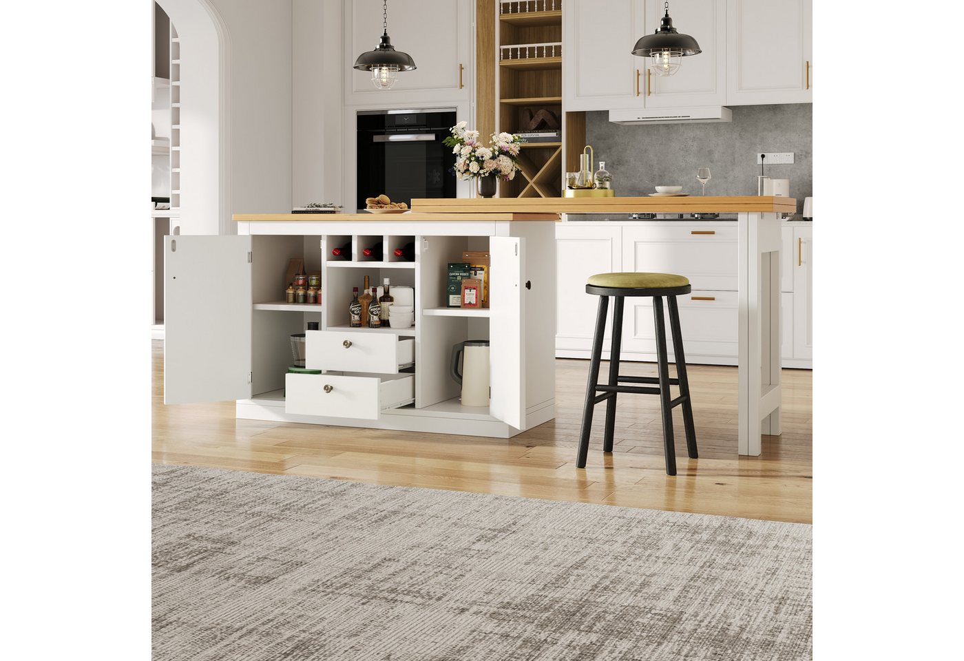 OKWISH Bartisch für Wohnzimmer, Esszimmer, Homeoffice (Moderner Bartisch ausziehbar 120–180 cm mit 360° Drehfunktion & Stauraum, Sideboard-Esstisch, 1-St., 120-180 cm) von OKWISH