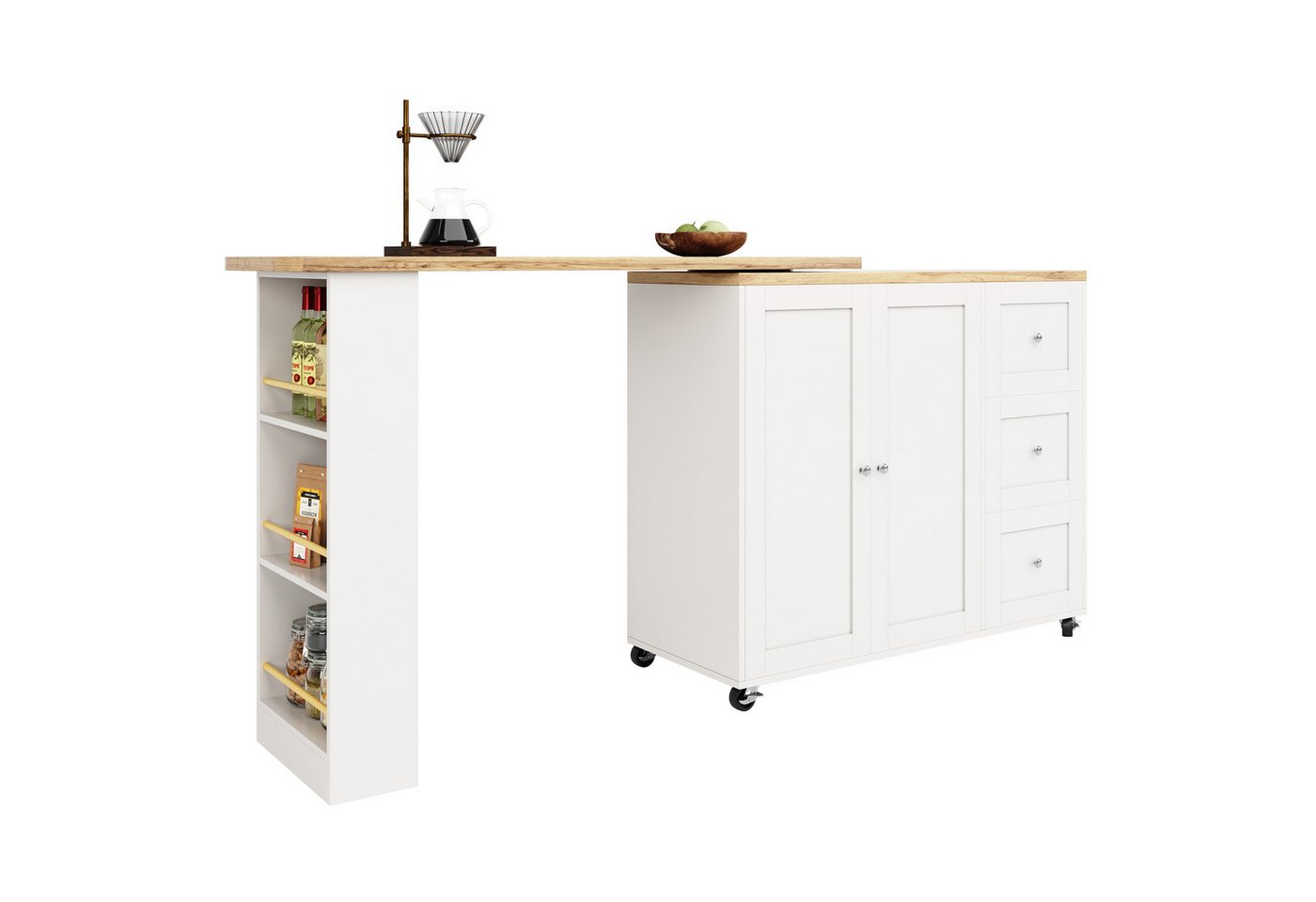 OKWISH Bartisch mit Aufbewahrungsschrank (Anricht, Bistrotisch mit Rollen, Stauraum, 3 Schubladen, 2 Türen, 3 offener Fächer), mit Rollen, Snackregal, 138–209*39*104 cm von OKWISH