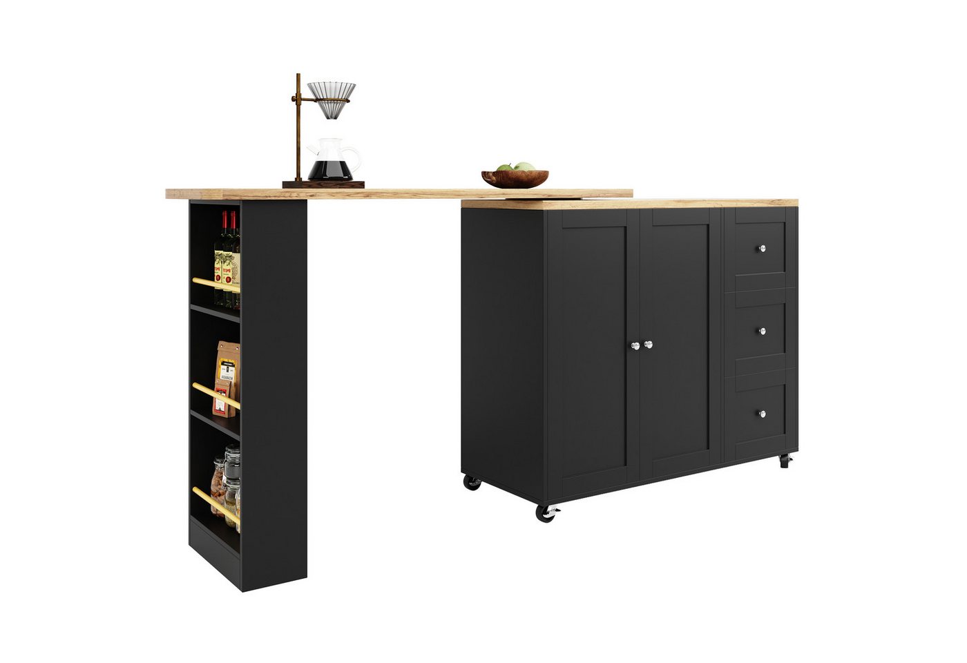 OKWISH Bartisch mit Aufbewahrungsschrank (Anricht, Bistrotisch mit Rollen, Stauraum, 3 Schubladen, 2 Türen, 3 offener Fächer), mit Rollen, Snackregal, 138–209*39*104 cm von OKWISH