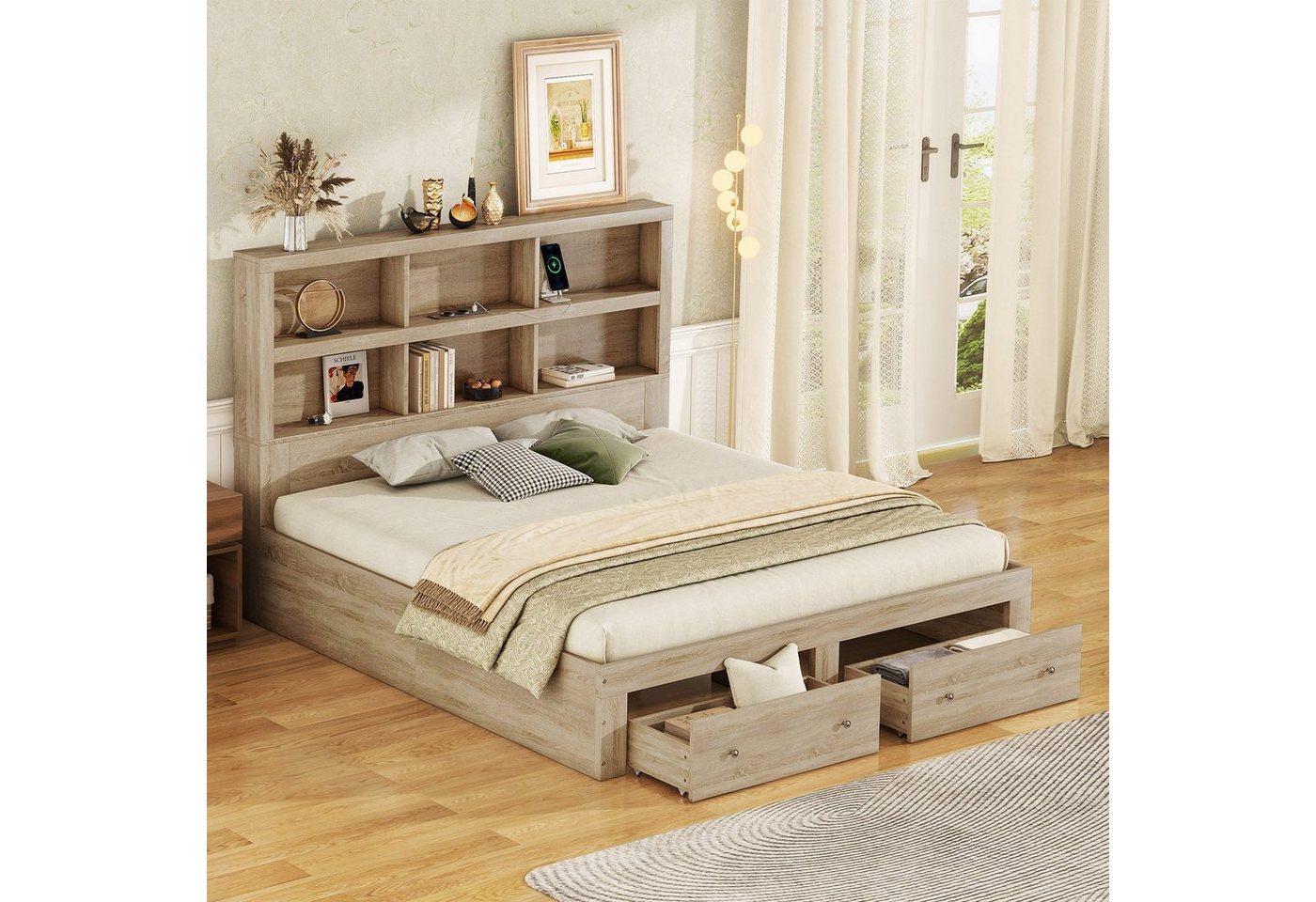 OKWISH Bett Doppelbett, Kingsize-Plattformbett, Holzbett, Lagerungsbett (Kopfteil mit Stauraum, mit zwei Schubladen am Fußende des Bettes), ohne Matratze von OKWISH