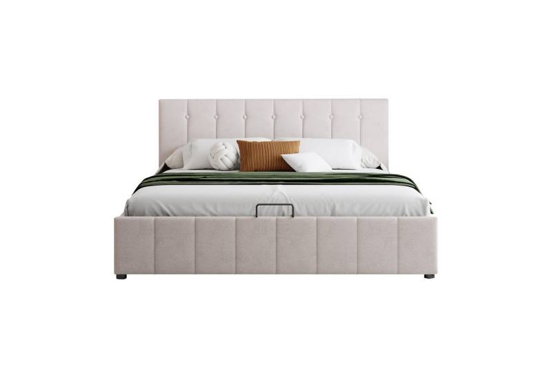 OKWISH Bett Doppelbett, Polsterbett, Jugendbett 140*200 (höhenverstellbares Polsterkopfteil, mit Hydraulisch anhebbarer Bettstauraum), Ohne Matratze von OKWISH