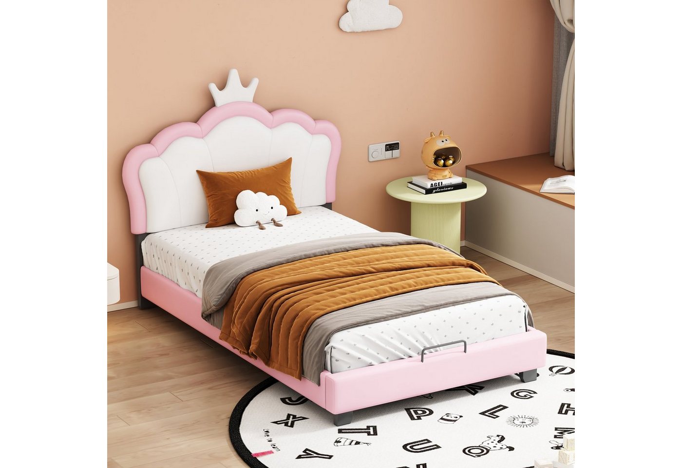 OKWISH Bett Einzelbett Kinderbett Polsterbett (mit Lattenrosten und Rückenlehne, mit Kronenformung), Ohne Matratze von OKWISH