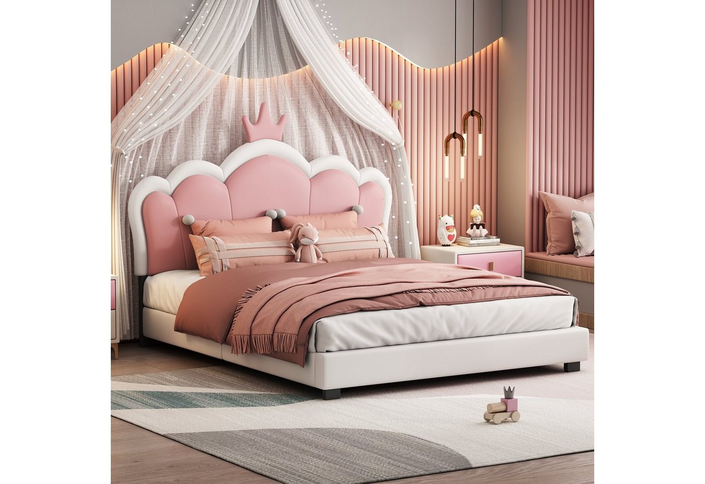 OKWISH Bett Einzelbett Kinderbett Polsterbett (mit Lattenrosten und Rückenlehne, mit Kronenformung), Ohne Matratze von OKWISH