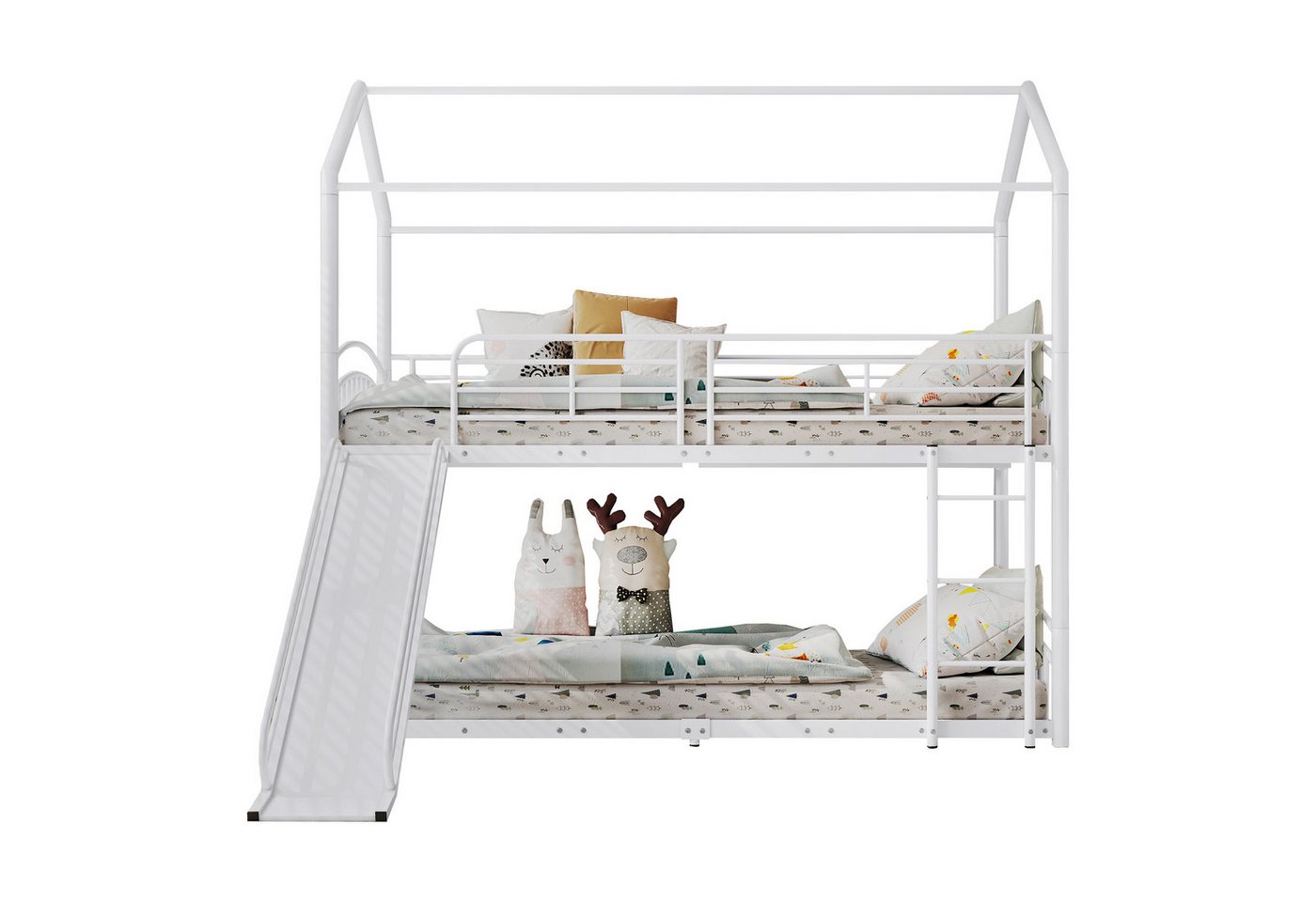 OKWISH Bett Etagenbett, Kinderbett und Jugendbett, Einzelbett, Gästebett (mit Treppe mit rechtwinkliger Leiter, Hausbett mit Rutsche, mit Fallschutz und Gitter, Metallrahmen 90x200cm) von OKWISH