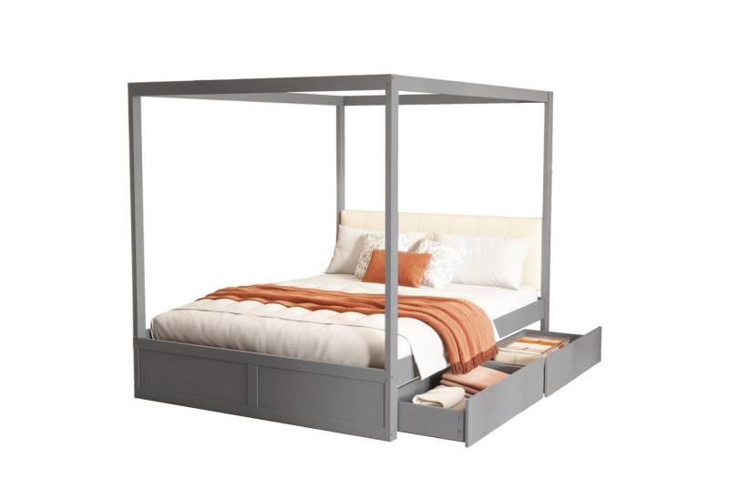 OKWISH Bett Himmelbett aus Holz, Doppelbett Kinderbett Hausbett (mit großen Schubladen und gepolsterter Rückenlehne, 140 x 200 cm), ohne Matratze von OKWISH