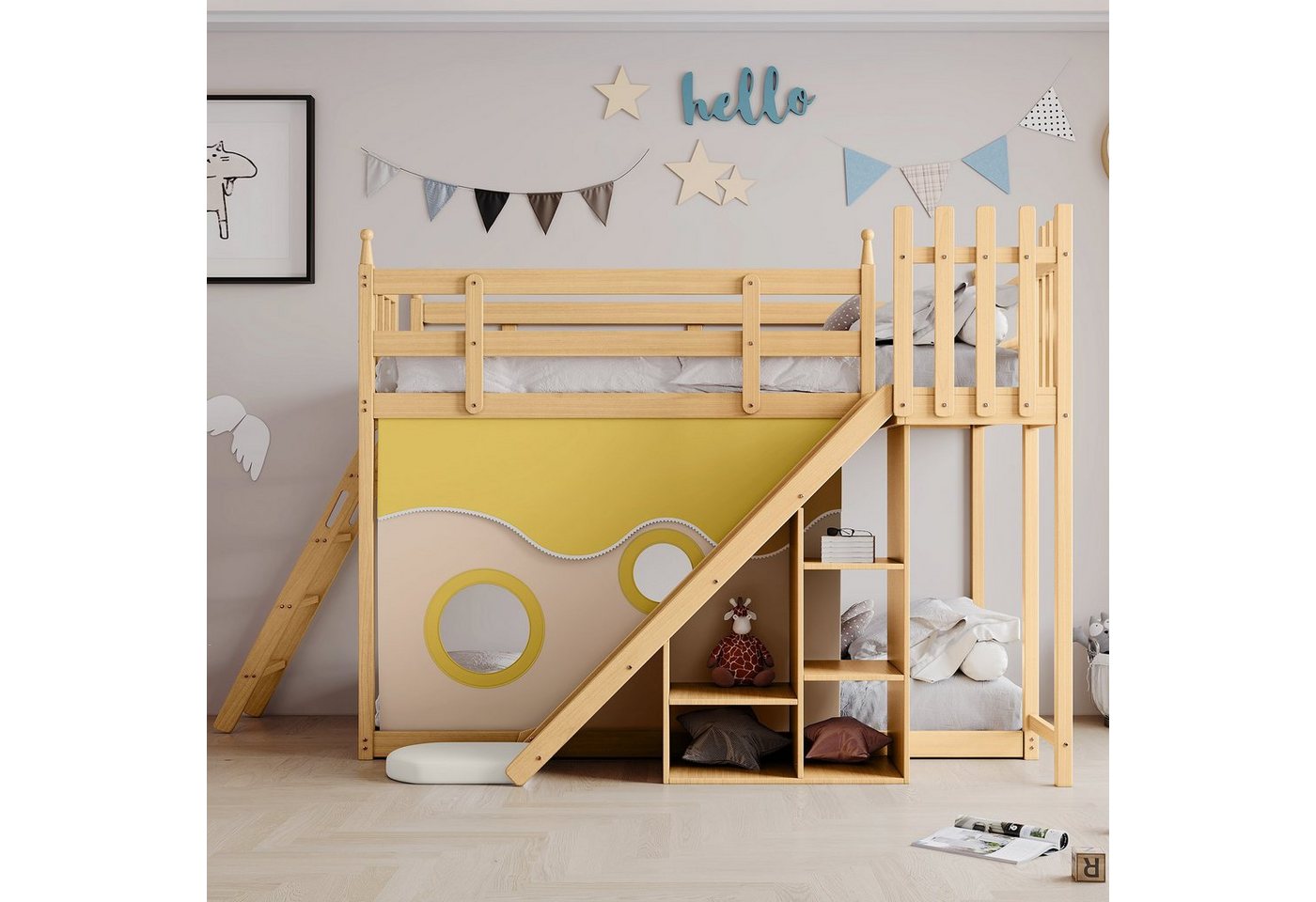 OKWISH Bett Kinderbett, Etagenbett, Holzbett mit Treppe und Zäune (mit Bettvorhang, Rutsche und Regal, mit Fallschutz und Gitter, Rahmen aus Kiefer, 90x200cm), Ohne Matratze von OKWISH