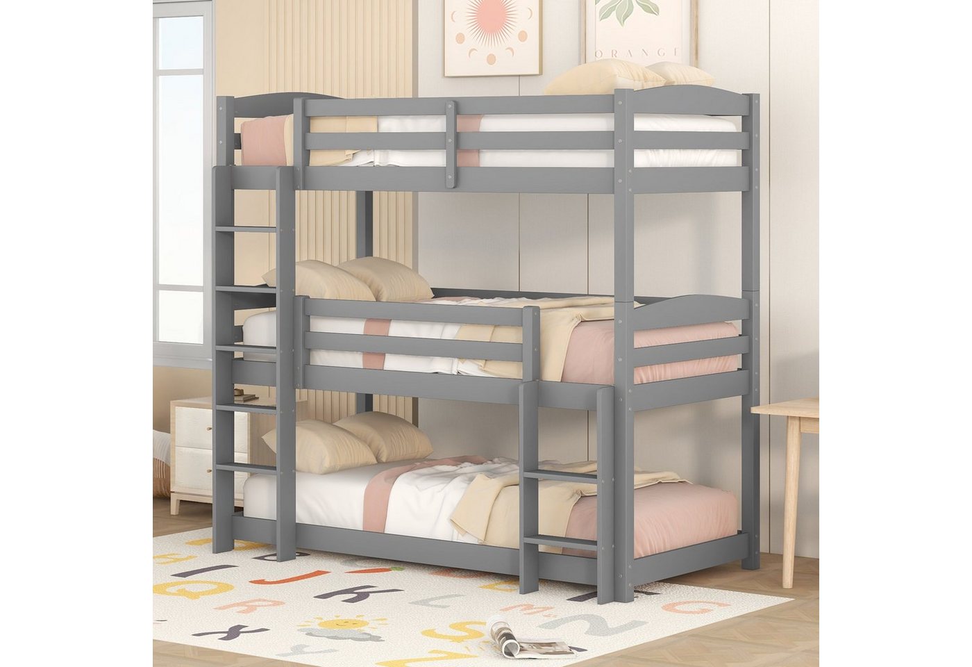OKWISH Bett Kinderbett, Single-Size-Holz-Dreier-Etagenbett für Kinder (90*200cm), Ohne Matratze von OKWISH