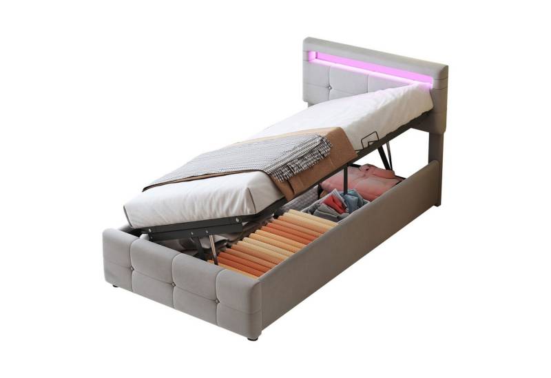 OKWISH Bett Kinderbett Jugendbett Gästebett Polsterbett (Höhenverstellbar mit LED-Beleuchtung und Hydraulischem Stauraum, Hochboxbett in Grau aus Samtstoff), Ohne Matratze von OKWISH