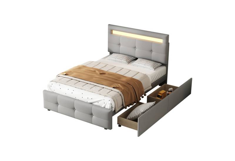 OKWISH Bett Kinderbett Jugendbett Gästebett Polsterbett (mit LED-Leuchten, 2 Schubladen, hautfreundlicher Leinenpolsterung flach), Ohne Matratze von OKWISH