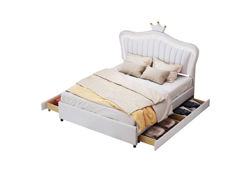 OKWISH Bett Kinderbett Polsterbet Gästebett (Kronen-Mädchen-Einzelbettgestell aus kunstleder mit Stauraumschubladen, LED-Leuchten, Lattenrost und Rückenlehne), Ohne Matratze von OKWISH