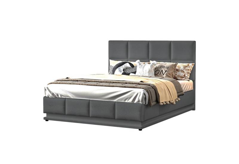 OKWISH Bett Polsterbett, Doppelbett Erwachsenen Jugendbett (Bettkasten & Lattenrost Bezug aus Kunstleder, mit LED Beleuchtung & Hydraulisch anhebbarer Bettstauraum 140x200 cm), Matratze nicht enthalten von OKWISH