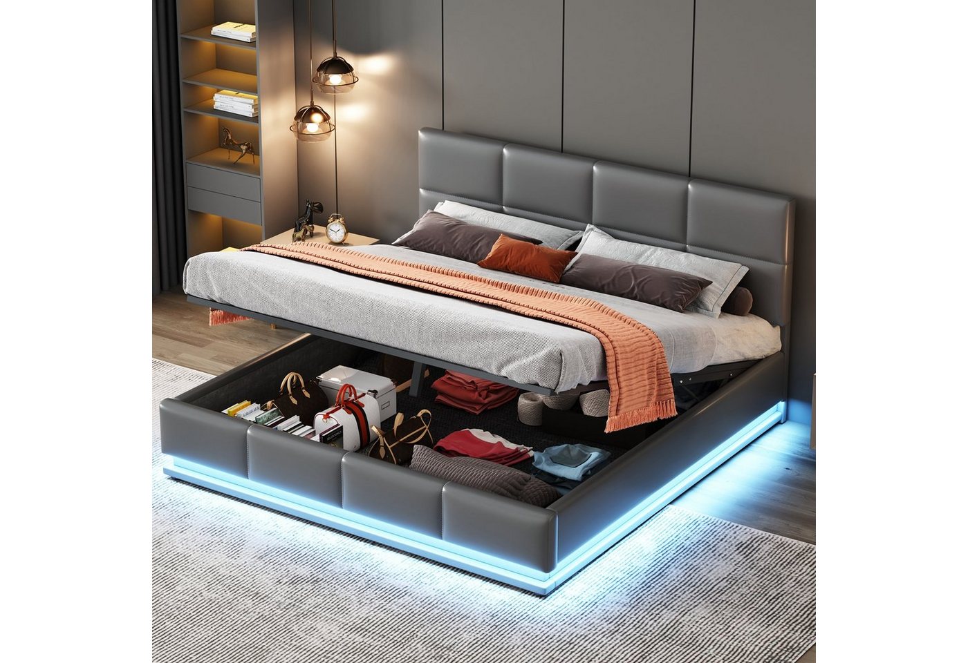 OKWISH Bett Polsterbett, Doppelbett Erwachsenen Jugendbett (Bettkasten & Lattenrost Bezug aus Kunstleder, mit LED Beleuchtung & Hydraulisch anhebbarer Bettstauraum 160x200 cm), Matratze nicht enthalten von OKWISH