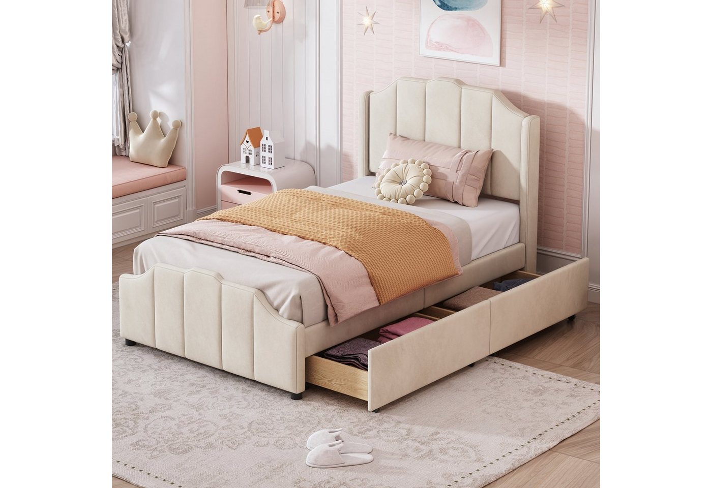 OKWISH Bett Polsterbett, Doppelbett Jugendbett Gästebett (Samt gepolstertes Doppelbett Jugendbett Gästebett 90x200cm, mit 2 Stauraumschubladen mit Kopfteil, Fußteil und Lattenrost), Ohne Matratze von OKWISH