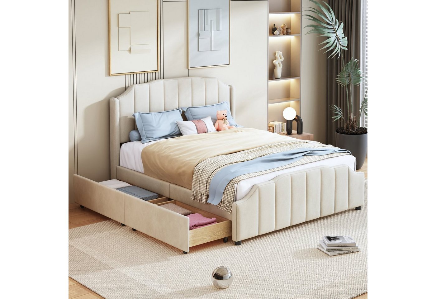 OKWISH Bett Polsterbett, Doppelbett Jugendbett Gästebett (samtgepolstertes Doppelbett Jugendbett Gästebett 140 x 200 cm, mit 2 Stauraumschubladen, mit Kopfteil, Fußteil und Lattenrost), Ohne Matratze von OKWISH