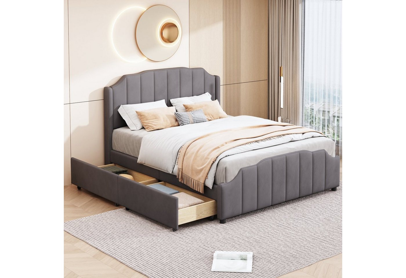 OKWISH Bett Polsterbett, Doppelbett Jugendbett Gästebett (samtgepolstertes Doppelbett Jugendbett Gästebett 140 x 200 cm, mit 2 Stauraumschubladen, mit Kopfteil, Fußteil und Lattenrost), Ohne Matratze von OKWISH