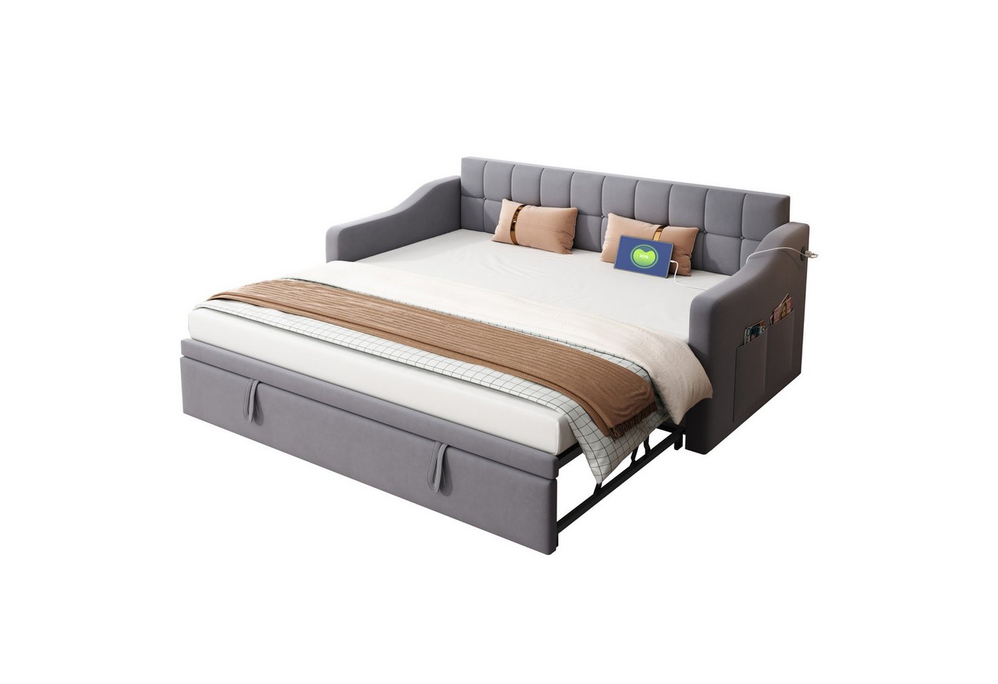 OKWISH Bett Polsterbett Ausziehbares Schlafsofa (Tagesbett Daybett 90/180 cm mit USB-Anschluss, Stauraum & Samtbezug, Platzsparendes Ausziehbett, für Wohnzimmer & Gästezimmer 90/180*190cm), ohne Matratze von OKWISH