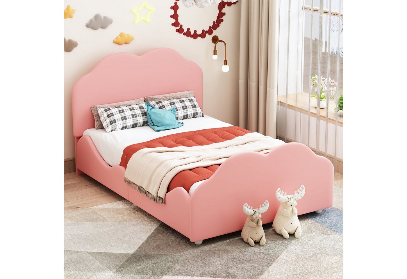 OKWISH Bett Polsterbett Kinderbett Einzelbett Gästebett (hohes Geländer-Kinderbettgestell mit wolkenförmigem Kopf- und Fußteil, hautfreundlichem Samt), 90 x 200 cm, Ohne Matratze von OKWISH